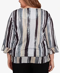 Alfred Dunner Plus Santa Barbara Etched Stripe Bell Sleeve Top