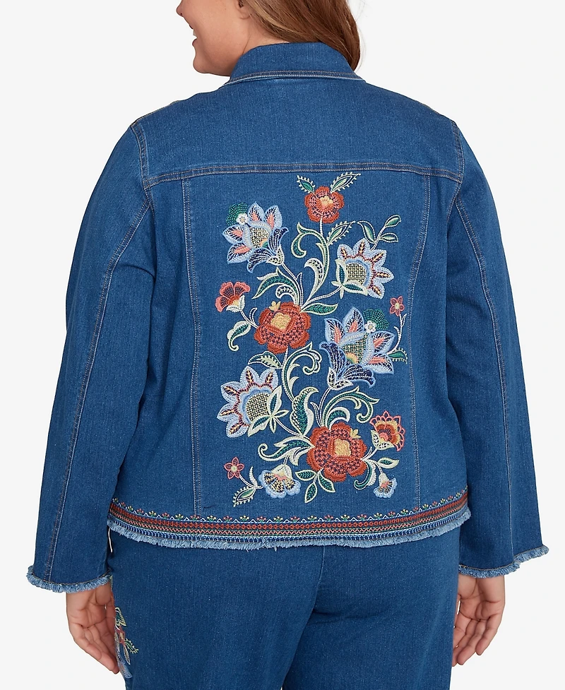 Alfred Dunner Plus El Paso Floral Vine Embroidered Border Denim Jacket