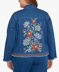 Alfred Dunner Plus El Paso Floral Vine Embroidered Border Denim Jacket