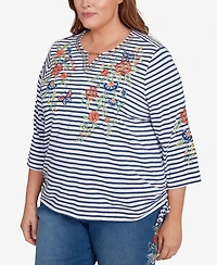 Alfred Dunner Plus El Paso Floral Stripe Ruched Sides Top