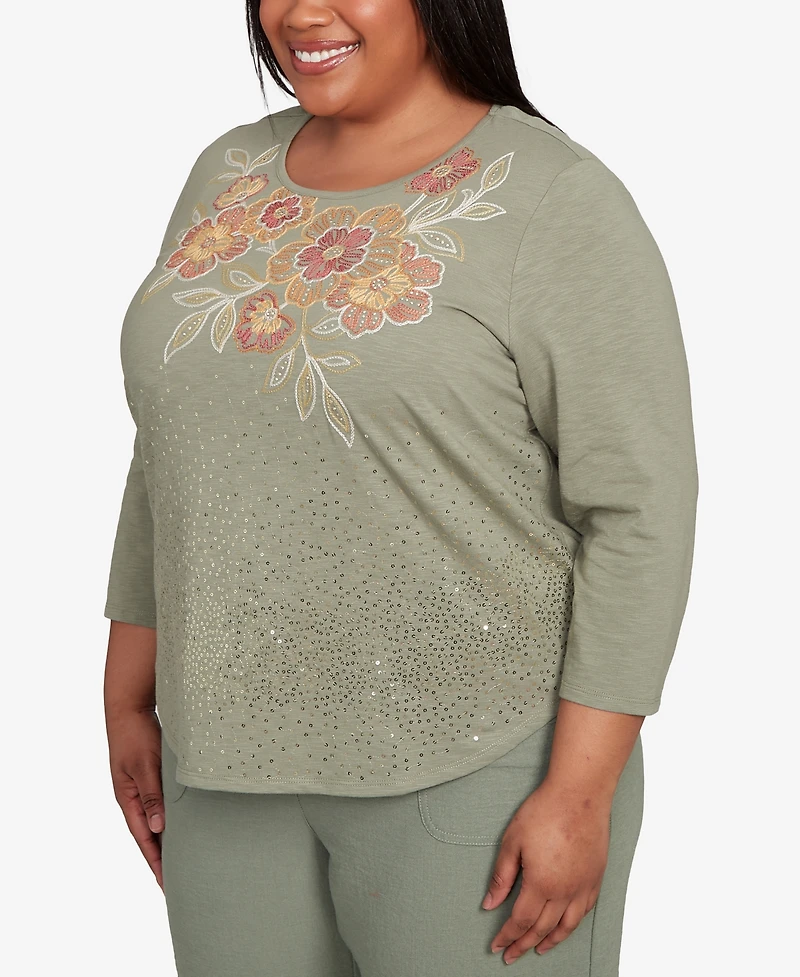 Alfred Dunner Plus Copper Canyon Scattered Sequin Floral Neck Top