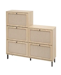 Rattan 5 Door Shoe Rack, Freestanding Modern Shoe Storage Cabinet, for Entryway