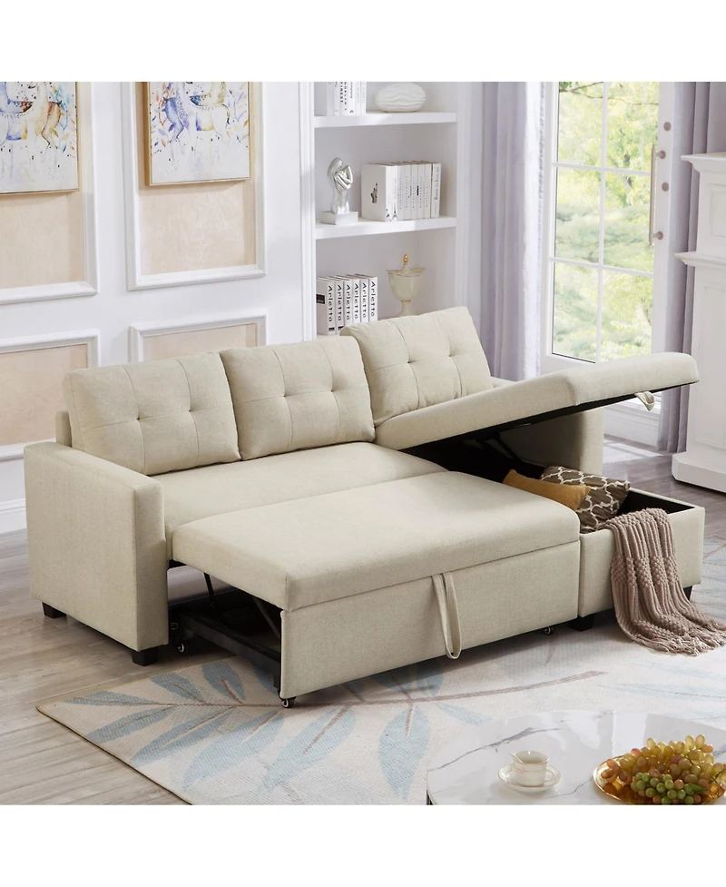 Streamdale Beige Upholstered Pull-Out Sofa with Storage Chaise