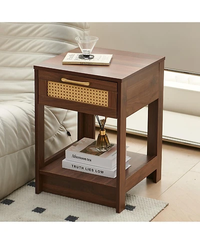 Streamdale Pe Rattan End Table with Drawer, Modern Nightstand, Side Table for Living Room, Bedroom, Walnut Color