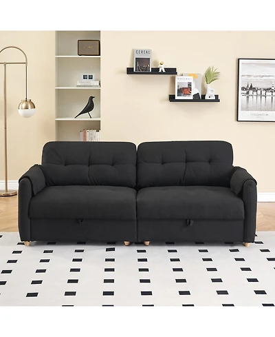 79.50 inches long, Teddy Cotton Linen Sofa Fabric, with metal conical long legs, metal strip matching, stylish and simple-Black