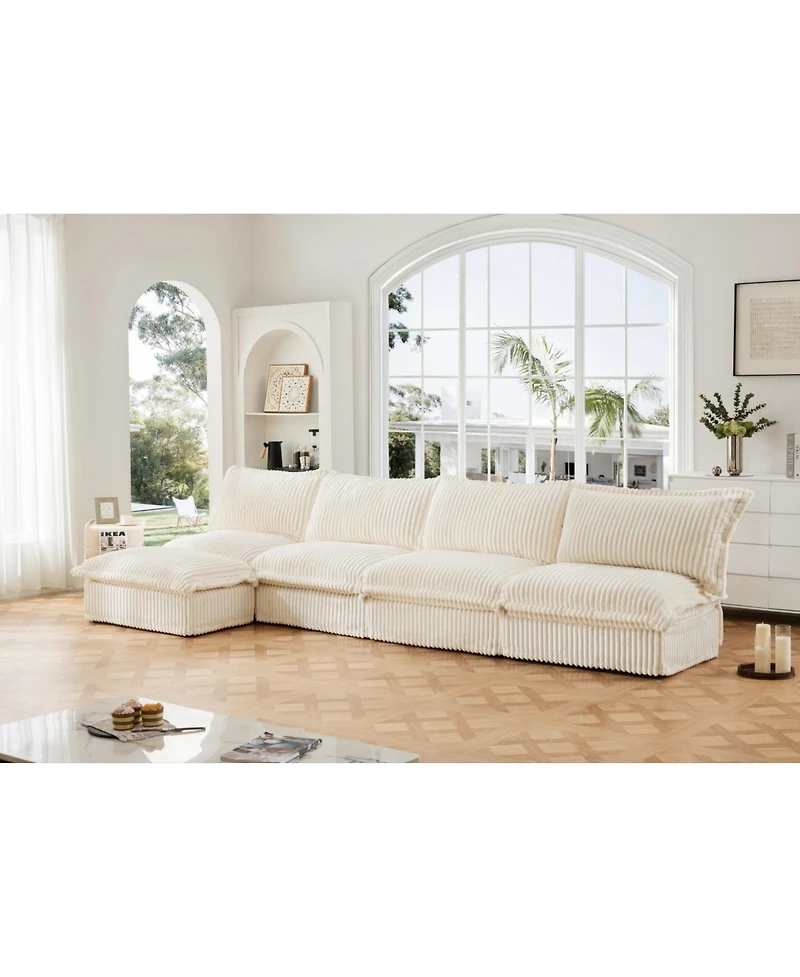 Cream Corduroy Modular Armless Sectional Sofa with Ottoman