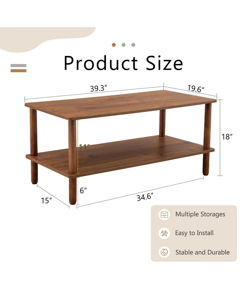 Streamdale Modern 2-Tier Coffee Table with Open Shelf, Rubberwood Legs
