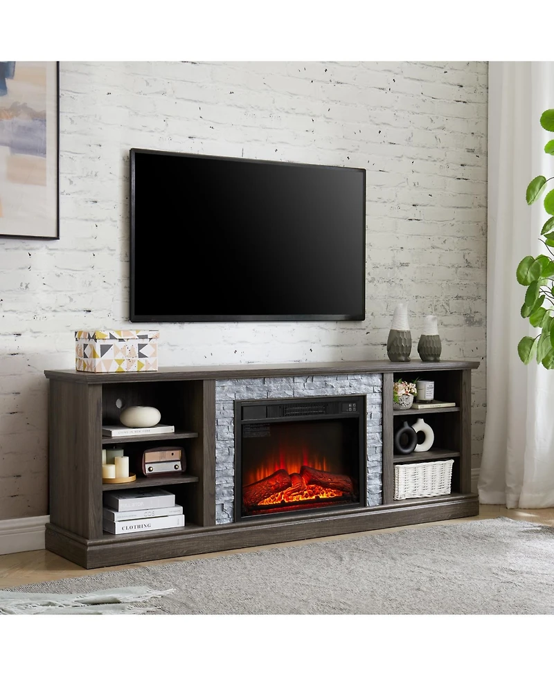 Streamdale Furniture Large Tv Desk Storage Rack with Faux Stacked Stone Surround, Media Console Table with Large Storage Cabinet, Modern Tv Stand with