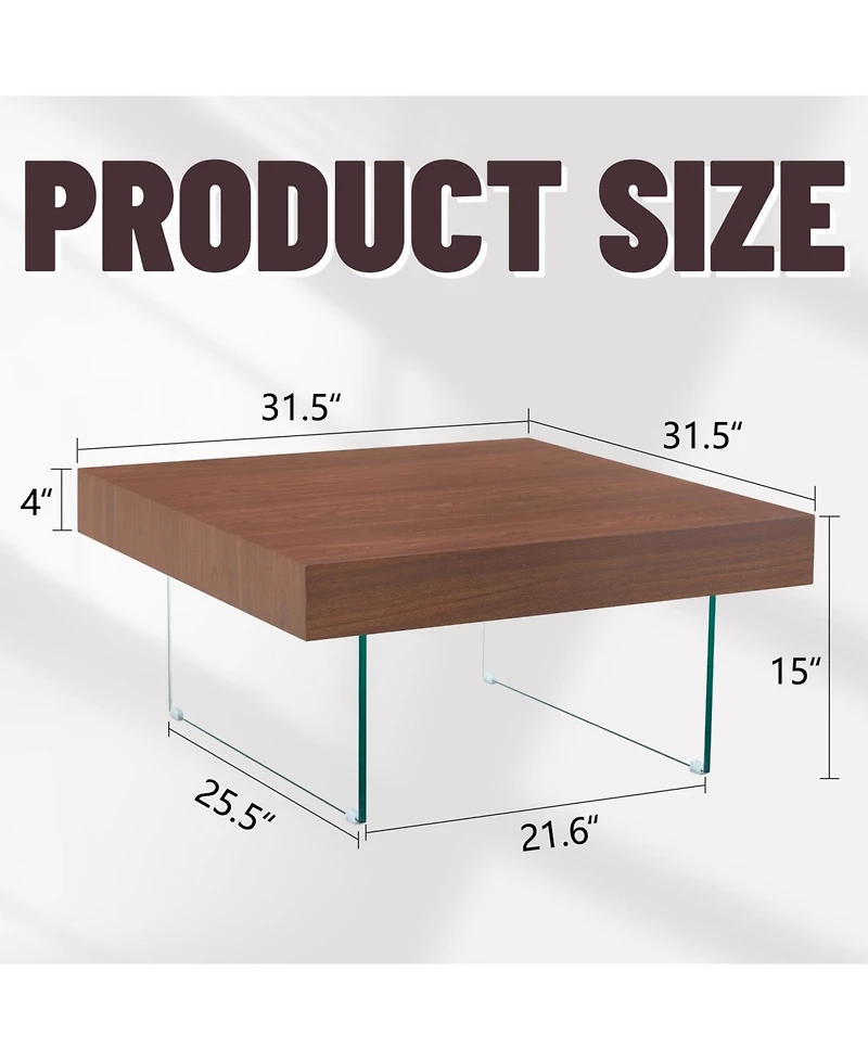 Streamdale Walnut Square Coffee Table with Tempered Glass Legs (31.5"x31.5")