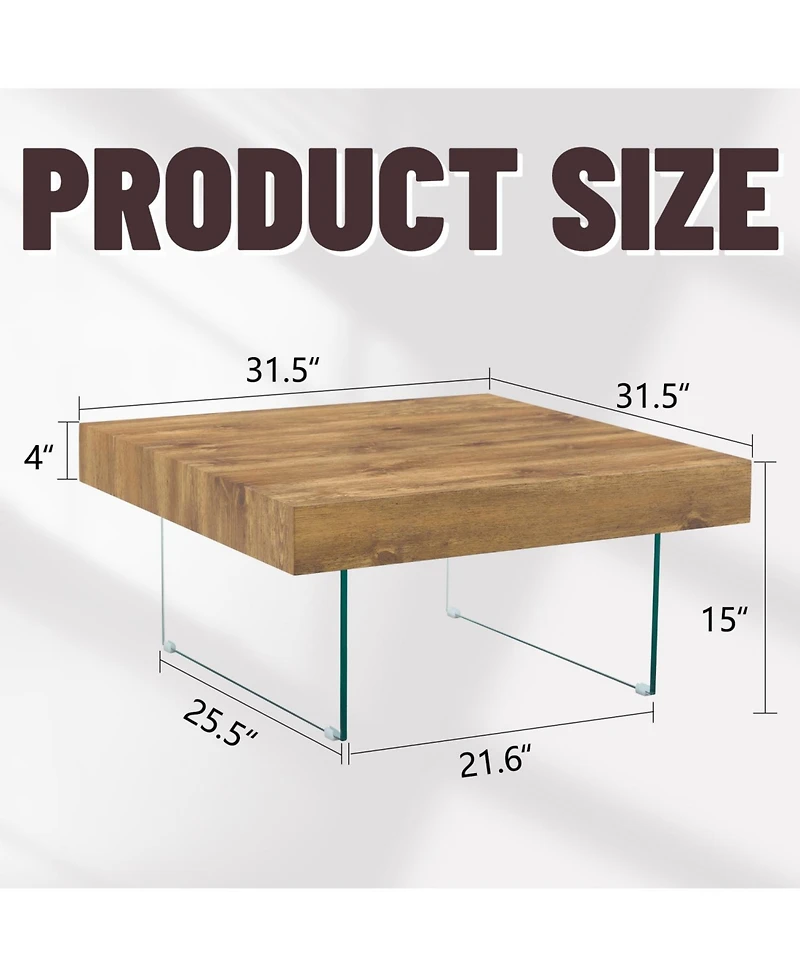 Streamdale Natural Style Square Mdf Coffee Table - 31.5"x31.5" with Tempered Glass Legs.Density Board Sticker,Reinforced Glass
