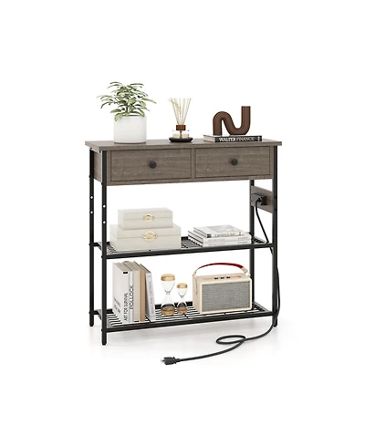 Narrow Console Table with 2 Drawers and 2 Metal Mesh Shelves