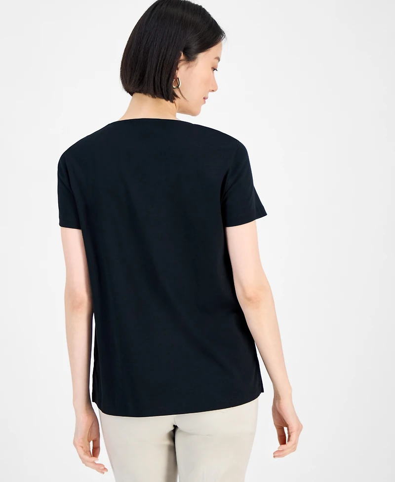 Jm Collection Women's Cotton Beaded-Neck T-Shirt, Exclusively at Macy's