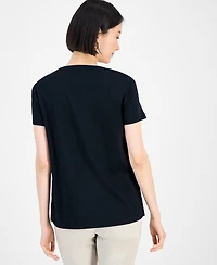 Jm Collection Women's Cotton Beaded-Neck T-Shirt, Exclusively at Macy's