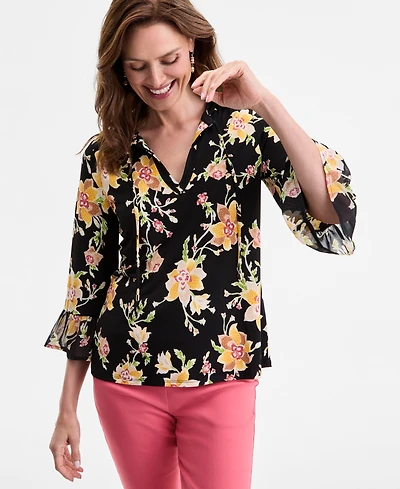 Jm Collection Women's Printed Split-Neck Top, Exclusively at Macy's