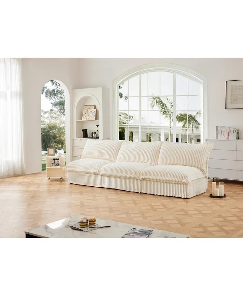 Modern 3-Seater Armless Sofa with Deep Seat in Cream Corduroy