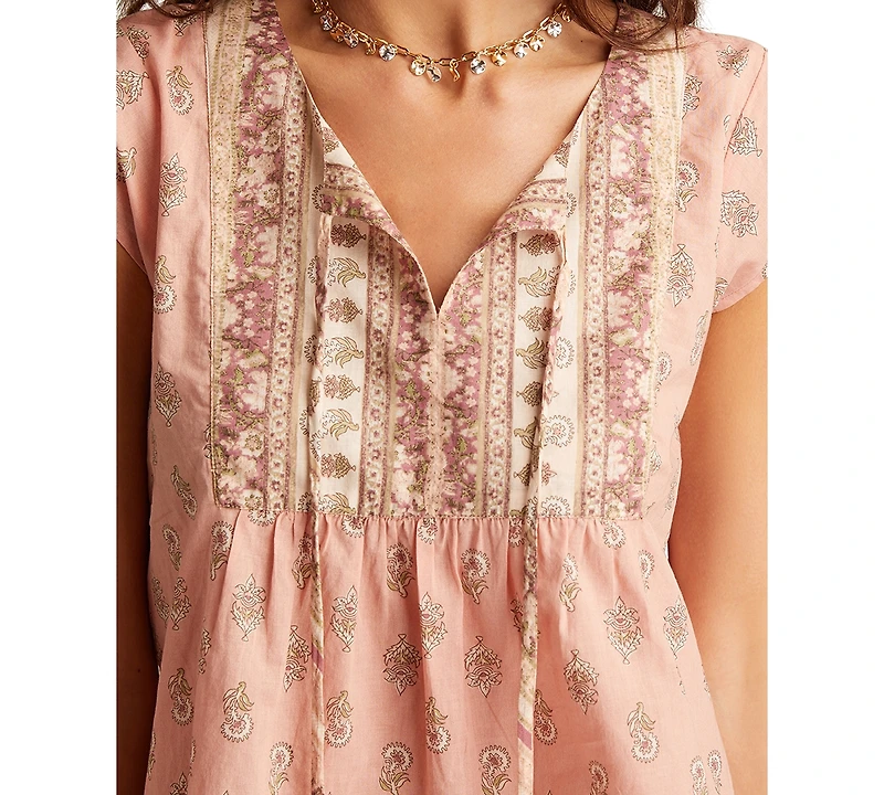 Lucky Brand Women's Cotton Mixed-Print Peasant Blouse