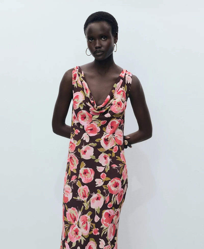 Mango Women's Draped Neck Floral Dress