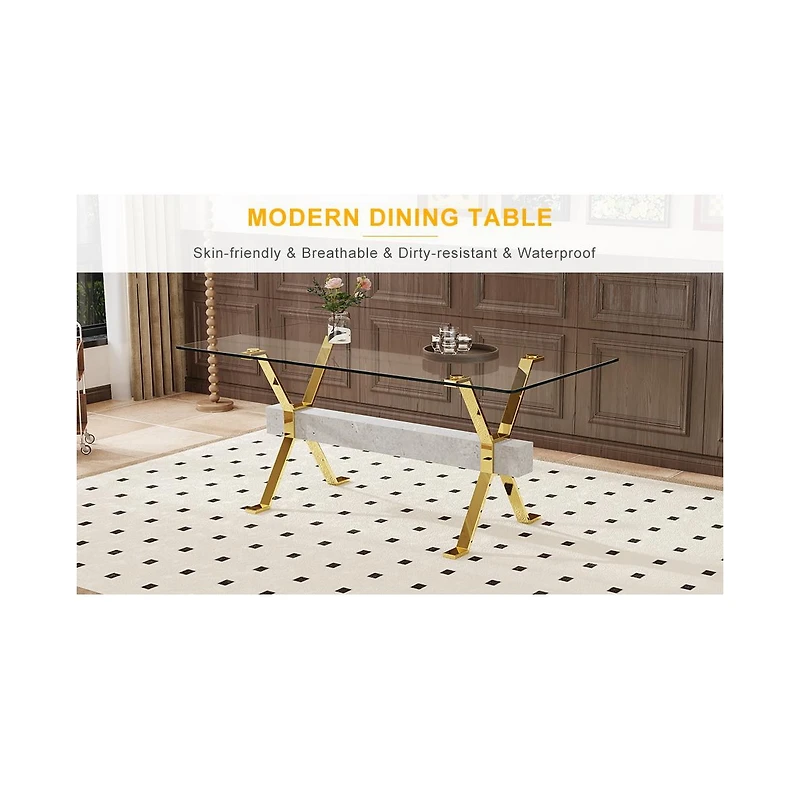 Streamdale Modern Glass Dining Table with Gold Legs, Multipurpose for Home/Office (71"x35"x30")