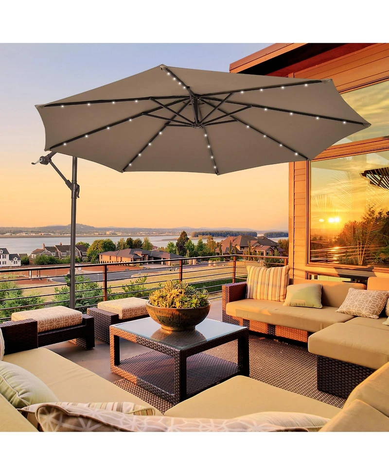 10 Feet Cantilever Umbrella with 32 Led Lights and Solar Panel Batteries-Tan
