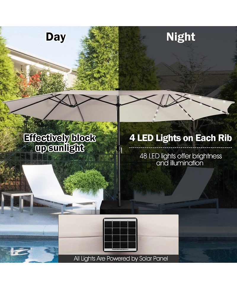 15 Feet Twin Patio Umbrella with 48 Solar Led Lights