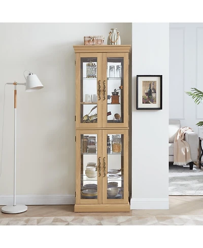 Lighted Glass Curio Display Cabinet, Display Cabinet, Glass Storage Cabinet Glass Wine cabinet Wood Frame Toy Display for Living Room, Kitchen, Pantry