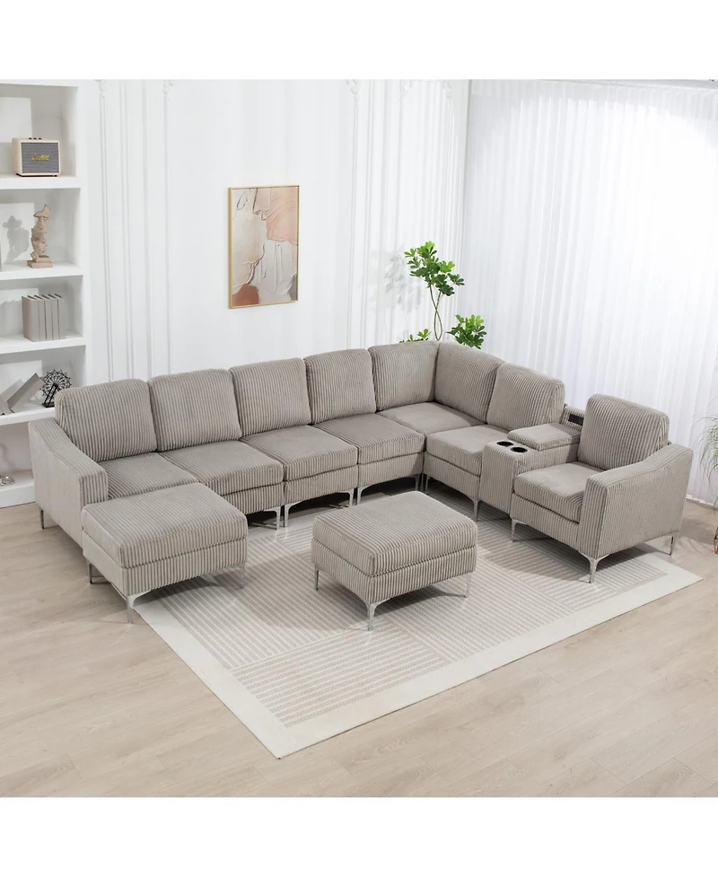 Corduroy Convertible Sectional Sofa with Ottoman, Gray