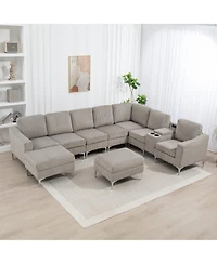 Corduroy Convertible Sectional Sofa with Ottoman, Gray