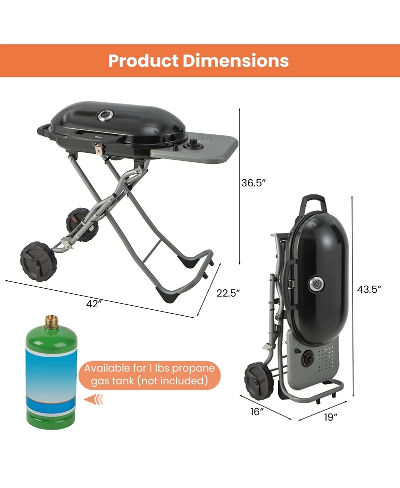 15000 Btu Portable Propane Bbq Grill with Wheels and Side Shelf