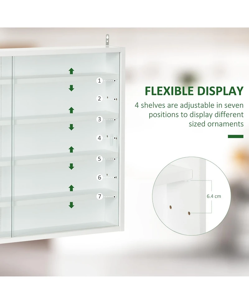 5-Tier Display Cabinet, Glass Display Case with 2 Doors and Adjustable Shelves, Wall-Mounted, White