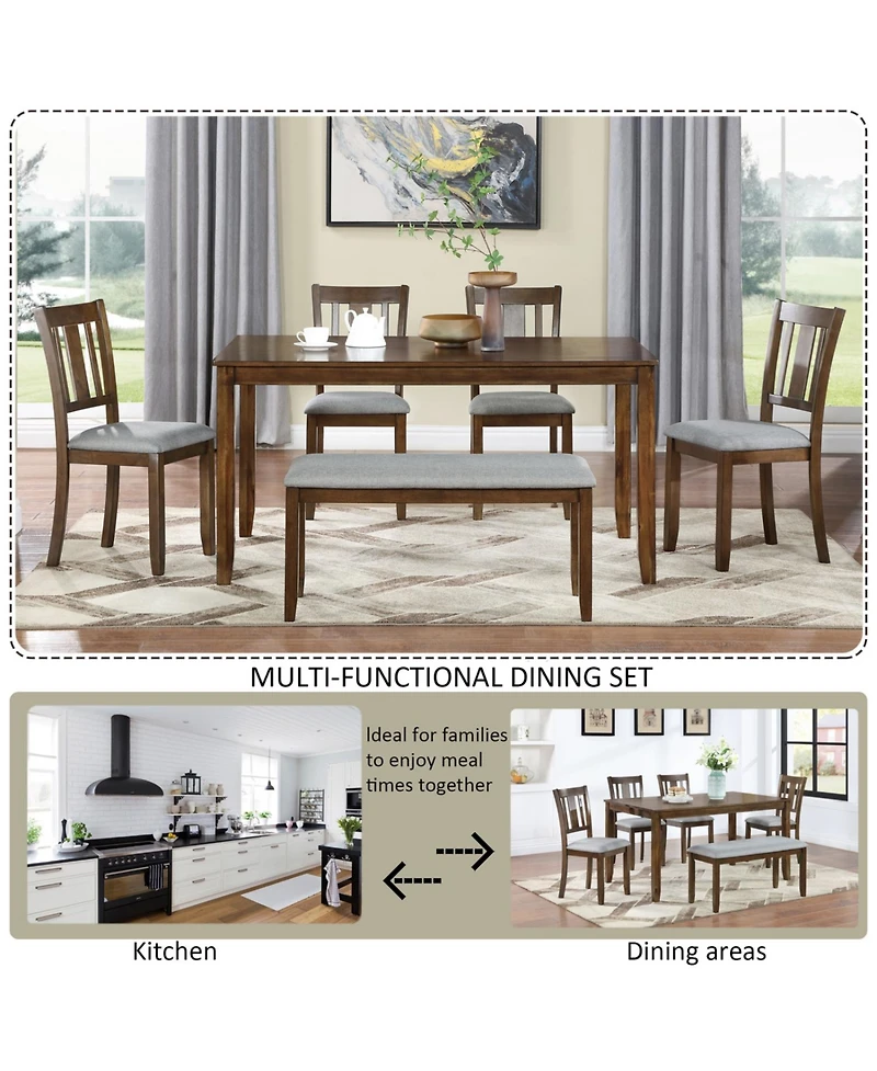 Streamdale 6-Piece Walnut Dining Set Table, 4 Chairs & Bench