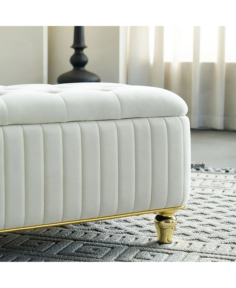 Streamdale Beige Velvet Storage Ottoman with Gold Decor