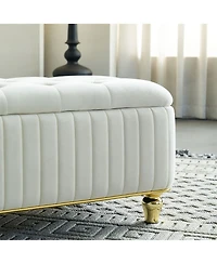 Streamdale Beige Velvet Storage Ottoman with Gold Decor