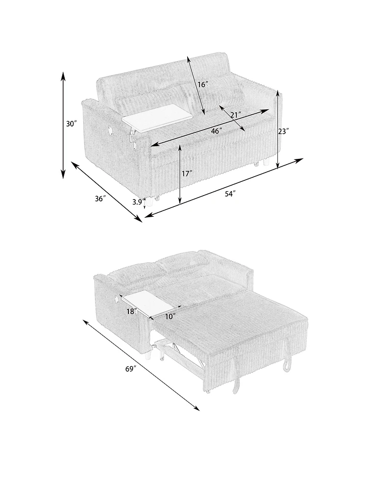 Streamdale Pull-out Gray Corduroy Sofa with Dual Functions and Usb Ports