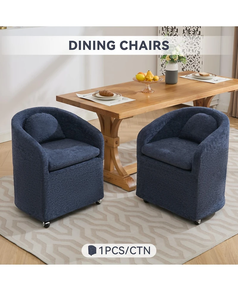 Streamdale Set of 1 Chenille Fabric Dining Armchair With Back Cushion and Universal Wheels,Blue