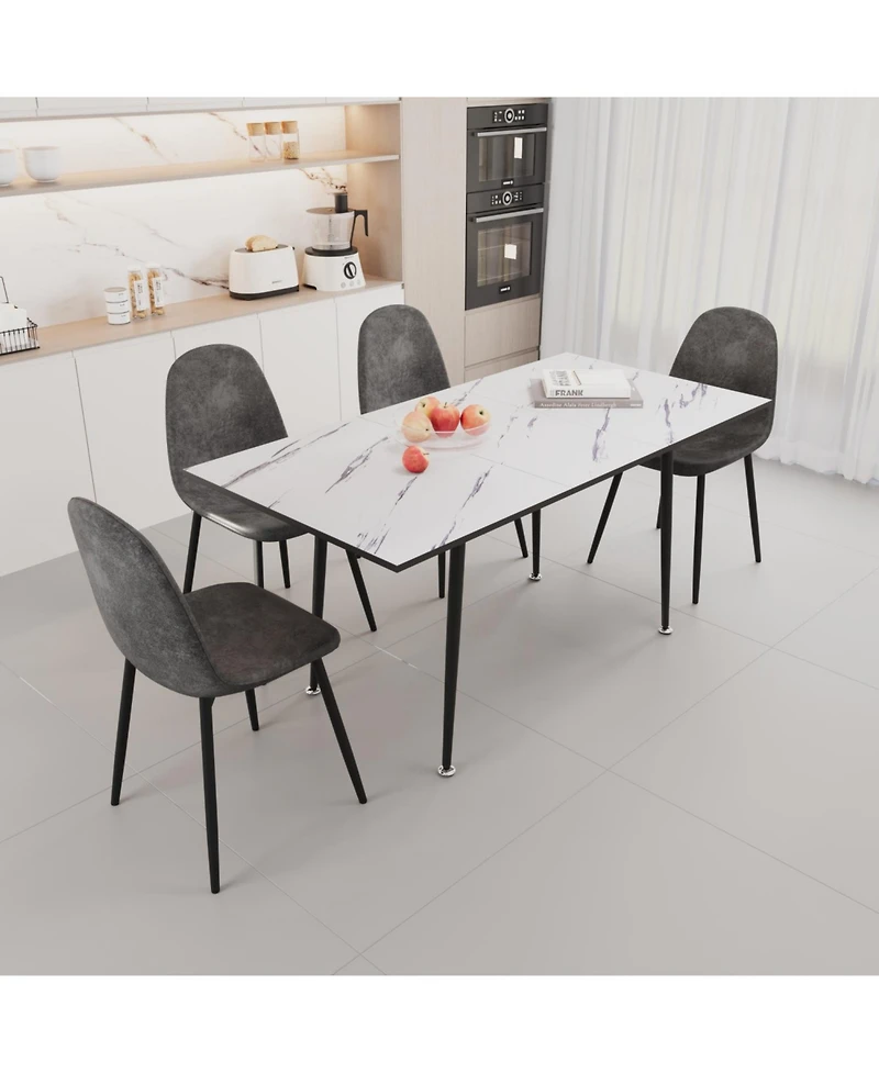 Streamdale Modern 47"-63" Extendable Dining Table & Chair Set, 4-Piece, White Table, Gray Round Chairs