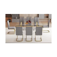 Streamdale Elegant Glass Dining Set with 8 Gray Chairs and Golden Metal Accents