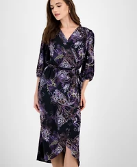 Connected Women's 3/4-Sleeve Faux-Wrap Midi Dress