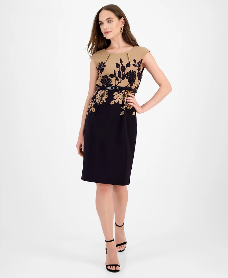 Connected Women's Ottoman Floral Placed Print Belted Dress