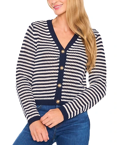CeCe Women's Long-Sleeve Striped Pointelle Cardigan