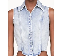 Avec Les Filles Women's Sleeveless Tuxedo Cotton Denim Shirt