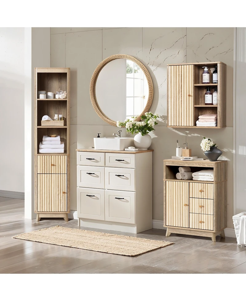 LuxenHome Natural Finish Wave-Patterned Manufactured Wood 3-Drawer 1-Door Bathroom Cabinet