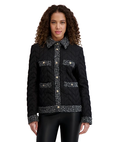 Karl Lagerfeld Paris Women's Quilted Tweed-Trim Coat