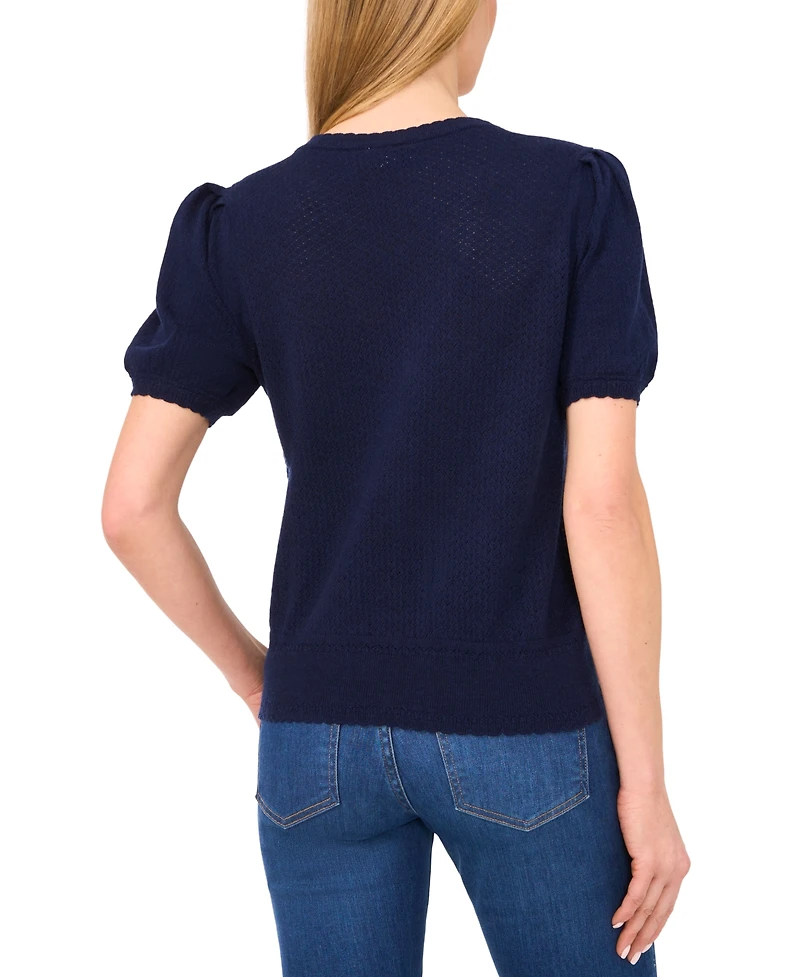 CeCe Women's Pointelle-Stitch Short-Sleeve V-Neck Cardigan