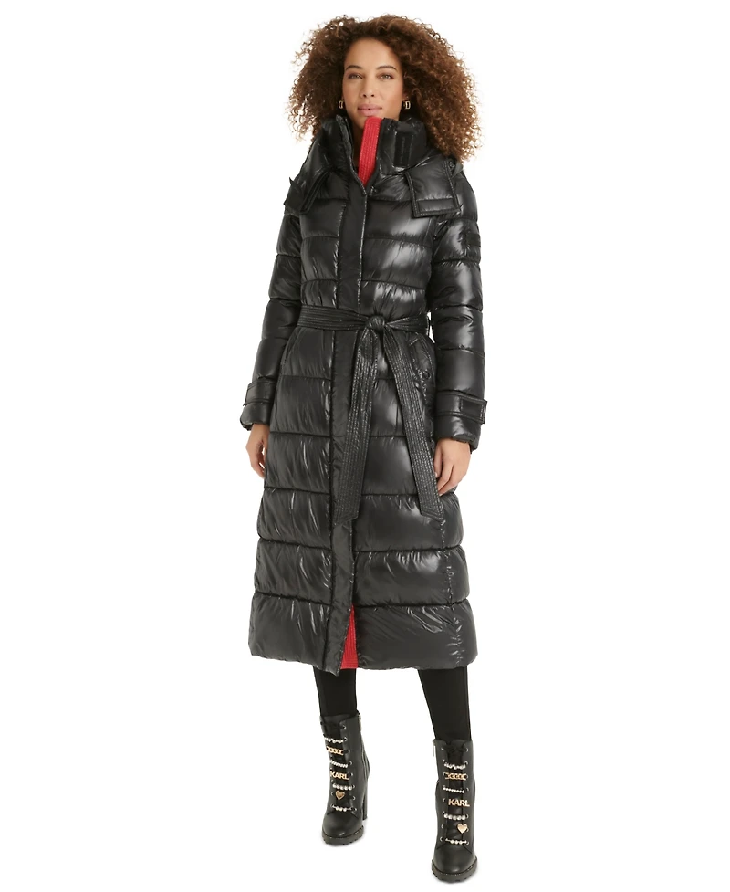Karl Lagerfeld Womens Shine Hooded Belted Puffer Coat