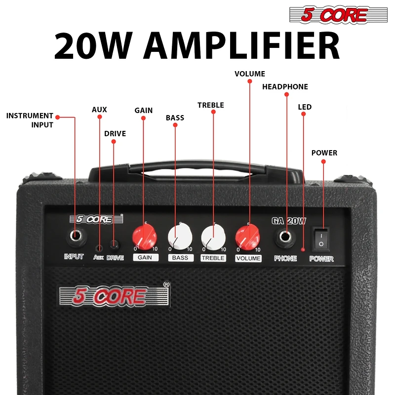 5 Core Guitar Amp 20W Electric Portable Mini Amplifier w Built in 6.5" Speaker Aux Headphone Jack
