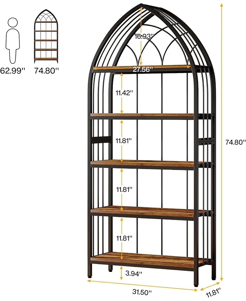 Tribesigns 5-Tier Bookshelf Set of 2, 74.8-Inch Tall Bookshelf, Industrial Curved Freestanding Display Shelf