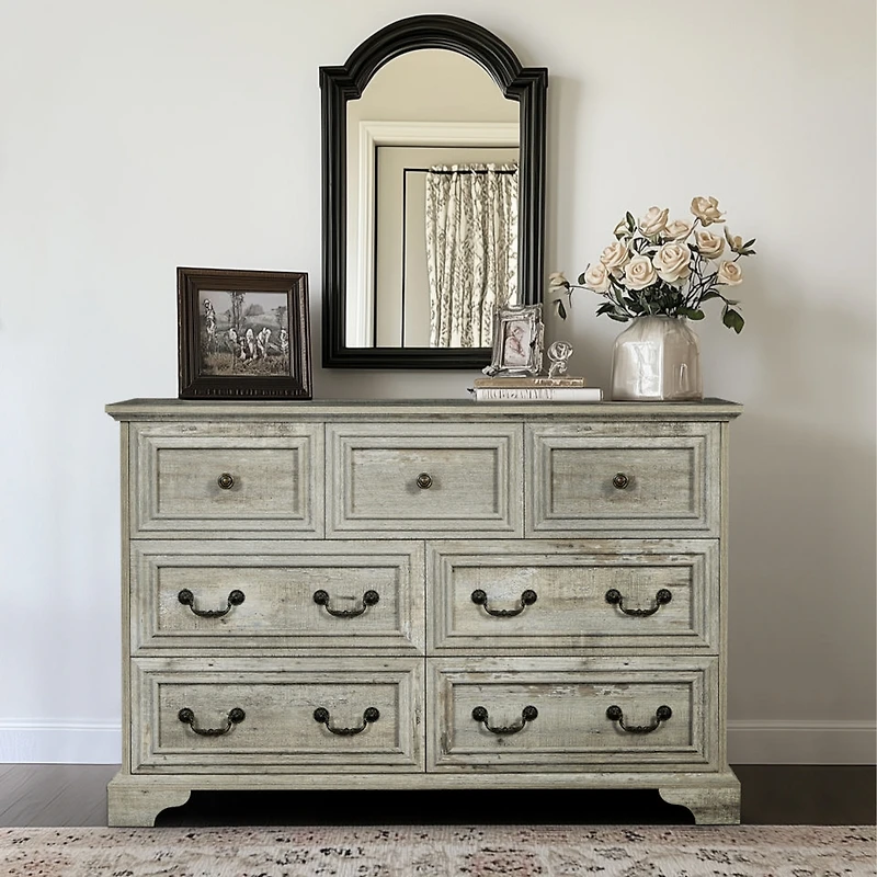 Farmhouse 7 Drawers Dresser Bathroom Cabinet for Rustic Chest of with Natural Texture Vintage Design Storage Organizer