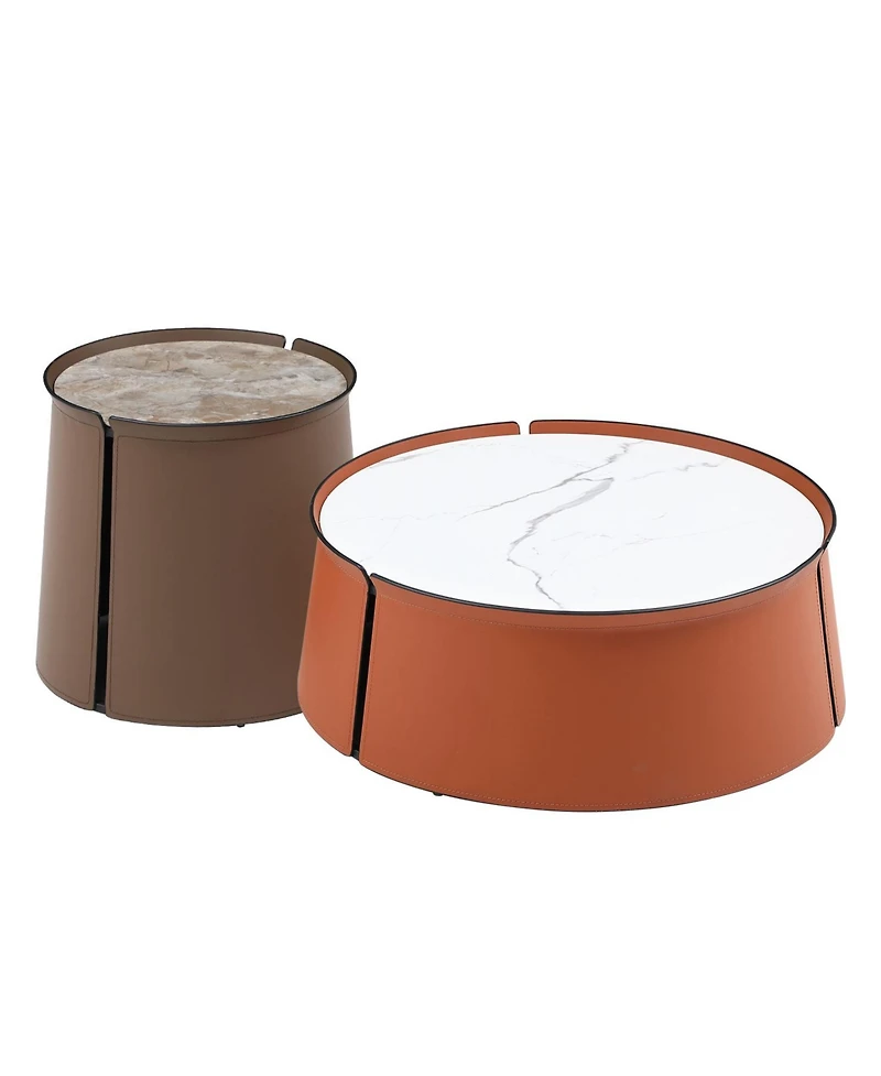 Streamdale 31.5" Coffee Table, Marble Top+Orange Saddle Leather Body+Iron Frame