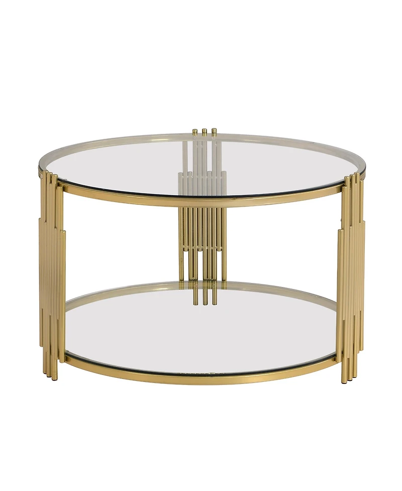 Streamdale Modern Glass Coffee Table in 31.5", Asymmetrical Metal, Circular Metal Drum Base, Gold Finish & Lower Shelf