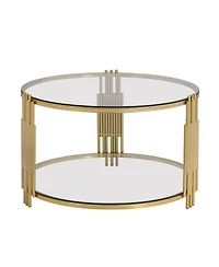 Streamdale Modern Glass Coffee Table in 31.5", Asymmetrical Metal, Circular Metal Drum Base, Gold Finish & Lower Shelf